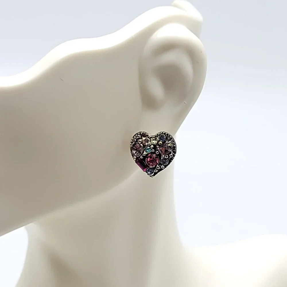 Stunning Silver Tone Multi Color Glass Rhinestone Heart Post Earrings Vintage